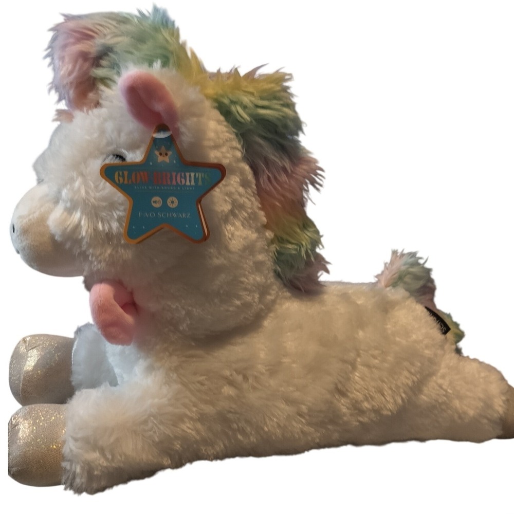 FAO Schwarz 16" Glow Brights Plush Unicorn Rainbow Mane Bow Lights Sounds NEW - Picture 4 of 9